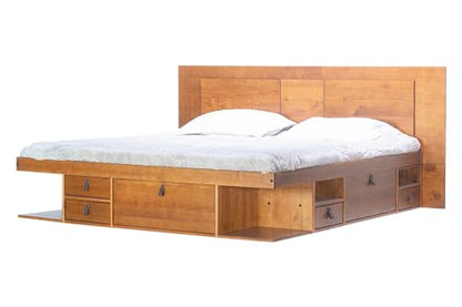 Solid Pine Storage Bed with Compartments and Headboard, Oak Brown, view 7