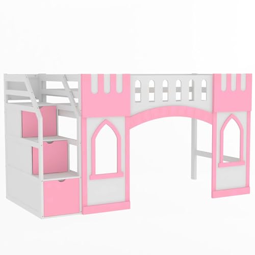 Wooden Twin Loft Bed with Built-in Storage Staircase and Play Window, House Style Elevated Kids Bed Frame, No Box Spring Needed for Bedroom Use (Pink)