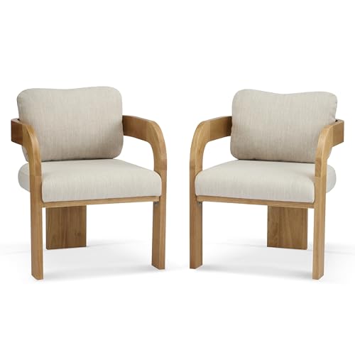 Yorick Modern Dining Chair Set of 2 with Cushion, Solid Wood Dining Room Armchair Set, Curved Backrest Kitchen Side Chair, Living Room Comfy Extra Seat, Natural+Beige