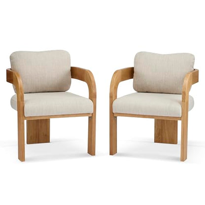 Yorick Modern Dining Chair Set of 2 with Cushion, Solid Wood Dining Room Armchair Set, Curved Backrest Kitchen Side Chair, Living Room Comfy Extra Seat, Natural+Beige