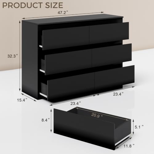 6 Drawer Dresser for Bedroom, 47" Wide Black Wood Chest for Storage, view 3