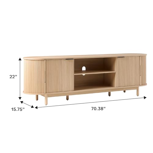 Chloe Curved Reeded TV Stand, Sliding Doors, 75 Inch, 70 inch, Coastal Oak