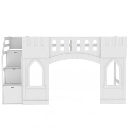 Low Loft Bed with Stairs, Twin Size Loft Bed with Storage Staircase and Window, Wood Loft Bed Frame for Kids Teens - White