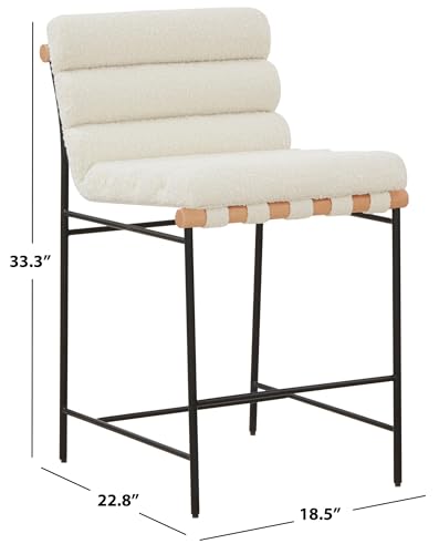 SAFAVIEH Couture Collection Macibella Ivory Boucle/Black Metal Legs Channel Tufted 25-inch Seat Height Counter Stool (Fully Assembled)