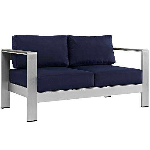 Shore Outdoor Patio Collection | Durable Aluminum Sectional Sofa Set - Silver Navy | Enhance outdoor relaxation with this elegant furniture set. Includes Coffee Table, Loveseat, and Armchairs.