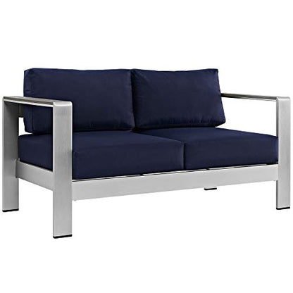Shore Outdoor Patio Collection | Durable Aluminum Sectional Sofa Set - Silver Navy | Enhance outdoor relaxation with this elegant furniture set. Includes Coffee Table, Loveseat, and Armchairs.