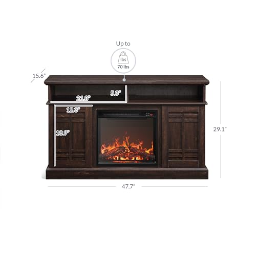48" TV Stand with 18" Electric Fireplace Heater, Modern TV Stand for TVs up to 50", Entertainment Media Stand with Open Shelves and Storage Cabinets for Living Room, Bedroom (Espresso)