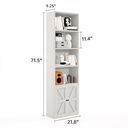 6 Tier 71" Tall Wooden Bookshelf&Bookcase with Doors, Storage Shelves Organizer, Floor Standing Modern Display Cabinet Shelves, Home Decor Furniture for Home Office, Living Room, Bedroom, White