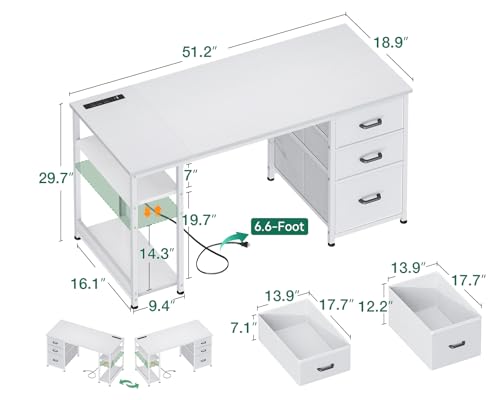 51 Inch White Computer Desk with Drawers & USB Power Outlets, view 4