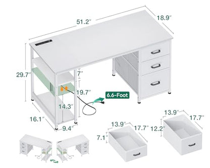 51 Inch White Computer Desk with Drawers & USB Power Outlets, view 4