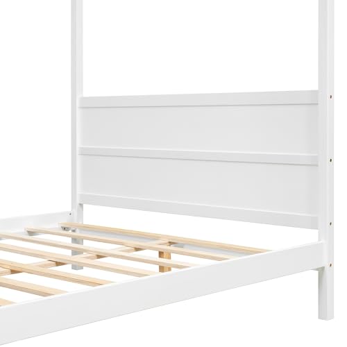 Queen Solid Wood Canopy Bed with Headboard and Footboard, White, view 5