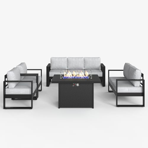 5 Pieces Aluminum Outdoor Patio Furniture Set, Metal Modern Conversation Sofa Set with Fire Pit Table and Washable Thick Cushions for Porch, Backyard, Deck