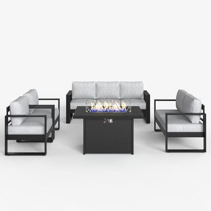 5 Pieces Aluminum Outdoor Patio Furniture Set, Metal Modern Conversation Sofa Set with Fire Pit Table and Washable Thick Cushions for Porch, Backyard, Deck