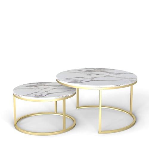 Nesting Coffee Table Set of 2, 31.5" Round Coffee Table Wooden Marble Pattern Accent Furniture, Industrial End Table for Living Room Bedroom Balcony (White/Gold)