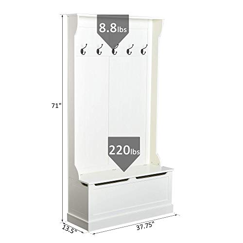 Hall Tree with Bench and Shoe Storage 3-in-1 Coat Rack Cream White, view 4