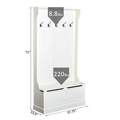 Hall Tree with Bench and Shoe Storage 3-in-1 Coat Rack Cream White, view 4