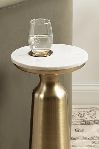 Cardina Glam Marble Round Drink Table, 10 x 10 x 22, White Marble and Gold, Modern Marble Top Circle Mini Table for Use as a Small Bedroom Nightstand or Living Room Plant Stand Option