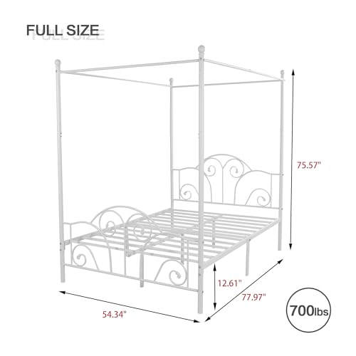 Full Size Four-Poster Metal Canopy Bed Frame,White, view 3