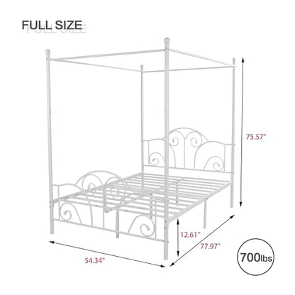 Full Size Four-Poster Metal Canopy Bed Frame,White, view 3