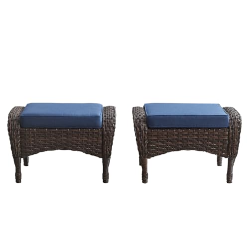 Outdoor Ottomans for Patio Foot Rest - 25 Inch PE Wicker Foot Stool Set of 2 with Removable Cushions for Patio Furniture Sets,All Weather Rattan Ottoman for Balcony Deck Backyard Brown