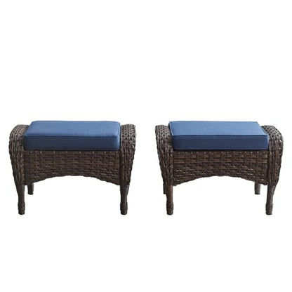 Outdoor Ottomans for Patio Foot Rest - 25 Inch PE Wicker Foot Stool Set of 2 with Removable Cushions for Patio Furniture Sets,All Weather Rattan Ottoman for Balcony Deck Backyard Brown