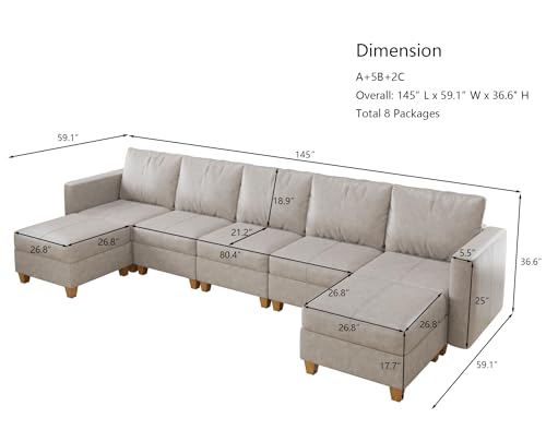 Faux Leather Sectional, Modular Sectional Sofa with Storage, Leather Couch U Shaped Couches for Living Room, Whitesand