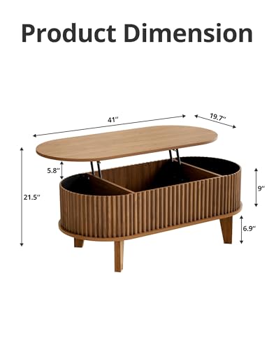 Oval Lift Top Coffee Table with Storage, view 3