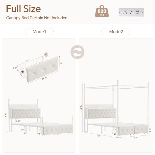Full Size Canopy Bed Frame with Charging Station and LED Lights, view 3