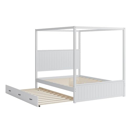 Queen Size Canopy Bed with Trundle and 3 Storage Drawers, view 5