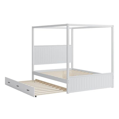 Queen Size Canopy Bed with Trundle and 3 Storage Drawers, view 5