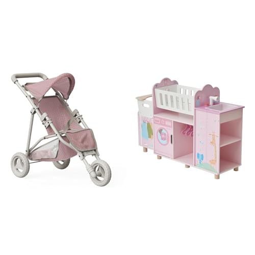 Olivia’s Little World 6-in-1 Wooden Doll Nursery & Stroller Bundle – Crib, High Chair, Changing Table, Stroller with Canopy – Doll Furniture for 16” Dolls – Pink & Gray, Ages 3+