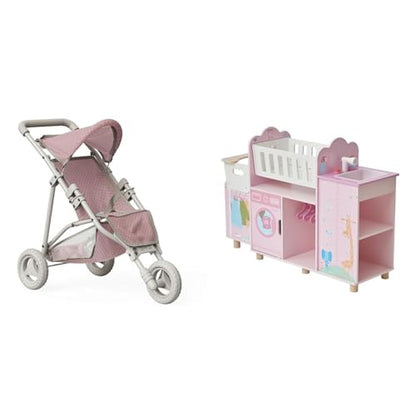 Olivia’s Little World 6-in-1 Wooden Doll Nursery & Stroller Bundle – Crib, High Chair, Changing Table, Stroller with Canopy – Doll Furniture for 16” Dolls – Pink & Gray, Ages 3+
