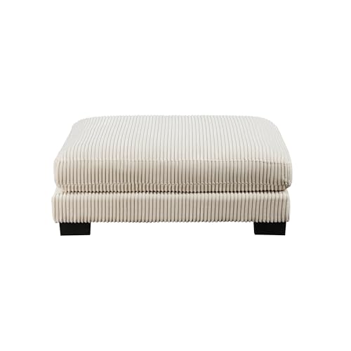 45 Inch Ottoman, Attached Seat Cushion in Beige Corduroy Fabric, Wood