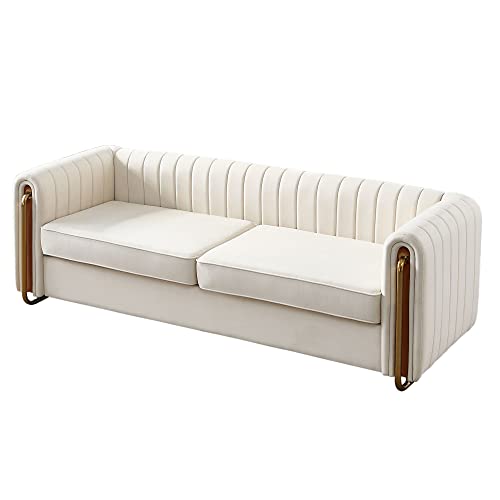 Chesterfield Velvet Sofa Upholstered Couch with Removable Cushions and Gold Metal Legs, for Living Room Office Apartment (Beige)