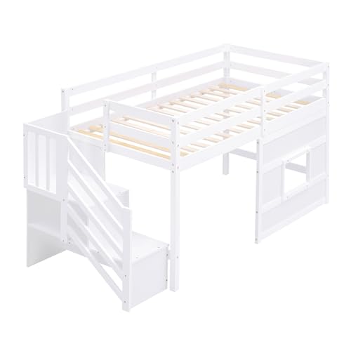 Twin Size Loft Bed with Storage Staircase, Window, LED Light, White