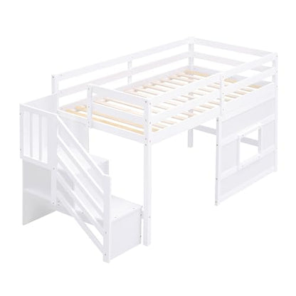 Twin Size Loft Bed with Storage Staircase, Window, LED Light, White