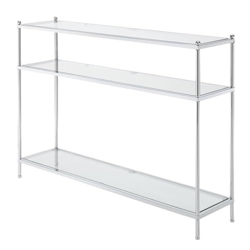 Royal Crest Glass Console Hall Table 42" - 3 Tier Modern, Contemporary Narrow Display Accent with Storage Shelves for Living Room, Entryway, Hallway, & Bedroom, Chrome