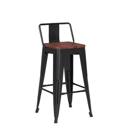 26" Low Back Metal Counter Stool Height Bar Stools with Wooden Seat [Set of 4] Barstools, Matte Black