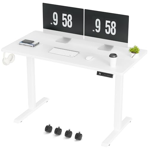 Electric Standing Desk, 47 x 24 Inches Height Adjustable Desk with Removable Casters, Home Office Computer Desk (White)