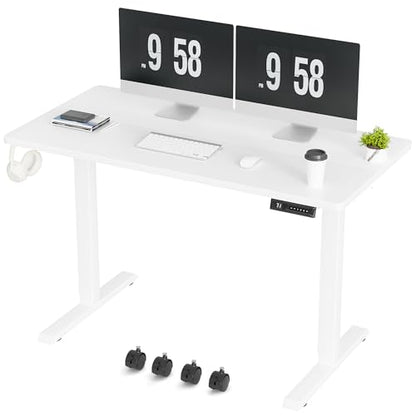 Electric Standing Desk, 47 x 24 Inches Height Adjustable Desk with Removable Casters, Home Office Computer Desk (White)