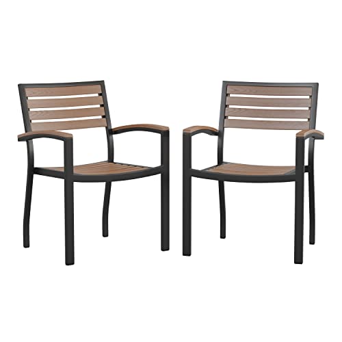 Stackable Aluminum Patio Chair - Set of 2 All-Weather Black Framed Side Chair with Faux Teak Slats - Commerical Grade
