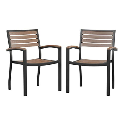 Stackable Aluminum Patio Chair - Set of 2 All-Weather Black Framed Side Chair with Faux Teak Slats - Commerical Grade