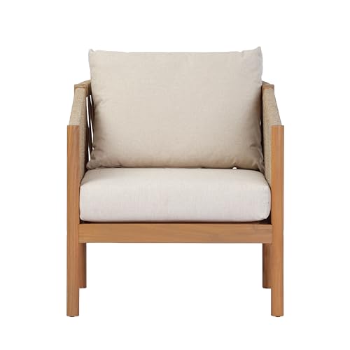 Bubi Acacia Wood Lounge Chair Outdoor with Cushion, Solid Wood Patio Accent Chair with Woven Rope Accents, Patio Furniture Set Sofa Chair, Teak+Beige