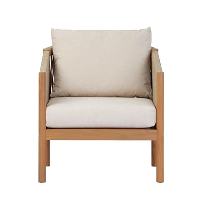 Bubi Acacia Wood Lounge Chair Outdoor with Cushion, Solid Wood Patio Accent Chair with Woven Rope Accents, Patio Furniture Set Sofa Chair, Teak+Beige