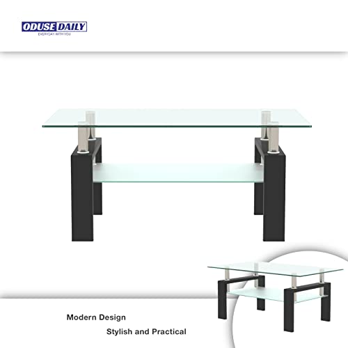 Morden Design Rectangle Glass Coffee Table for Living Room, with Black Metal Legs, Clear Tempered Glass
