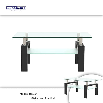 Morden Design Rectangle Glass Coffee Table for Living Room, with Black Metal Legs, Clear Tempered Glass