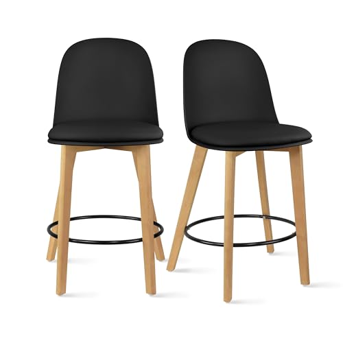 Set of 2 Counter Height Barstools | Mid Century Modern PU Leather Padded Seat | Solid Wood Legs with Round Metal Footrest | Kitchen Island Bar Chair | Non-Slip Feet, Black