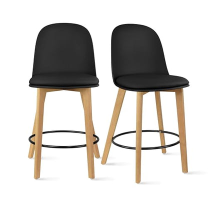 Set of 2 Counter Height Barstools | Mid Century Modern PU Leather Padded Seat | Solid Wood Legs with Round Metal Footrest | Kitchen Island Bar Chair | Non-Slip Feet, Black