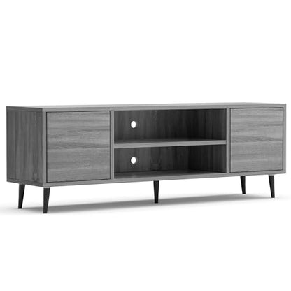 Mid Century Modern TV Stand for 65 inch TV, Entertainment Center with Storage, Media Console with Sturdy Legs, Push-to-Open Cabinets, Wooden Living Room Furniture, Bright Gray