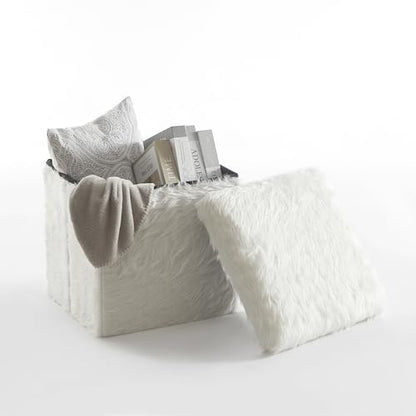 Mongolian Fur Collapsible Storage Ottoman 15 Inch Square Soft White Modern Multipurpose Footrest Bench Living Room Furniture Accent Décor